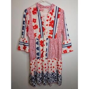 Women’s Heart Floral Print Tiered Mini Dress Bell Sleeve Boho Size M